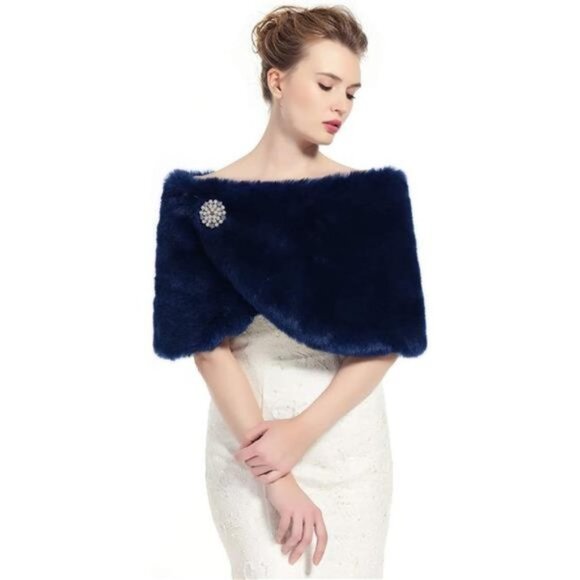 Faux Fur Shawl Wrap Women’s Bridal Winter Wedding Party, Navy Blue